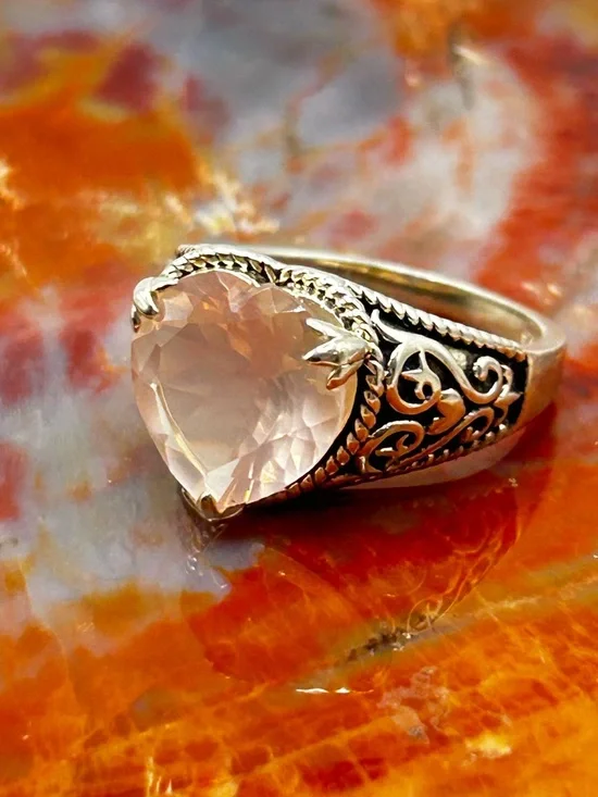 Sterling Silver Rose Quartz heart Ring - Size 9 - Picture 3 of 7